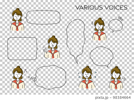 赤いカーディガンを羽織ったおだんご頭の女性と、吹き出しのアイコンセット 赤いカーディガンを羽織ったおだんご頭の女性と、吹き出しのアイコンセット 98384664