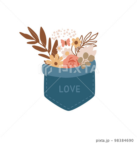 Bouquet in jeans pocket with word love isolated element hand drawing in vector. Cute summer flowers, leaves, pocket illustration. Bouquet in jeans pocket with word love isolated element hand drawing in vector. Cute summer flowers, leaves, pocket illustration. 98384690