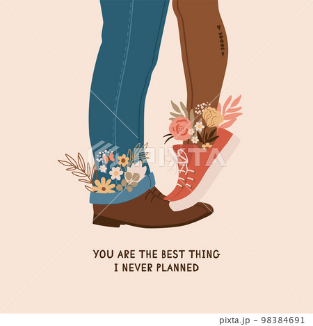 Valentines Day couple in love in the card design. Romantic February 14 congratulations. Cute vector illustration of man and woman legs, flowers. Valentines Day couple in love in the card design. Romantic February 14 congratulations. Cute vector illustration of man and woman legs, flowers. 98384691