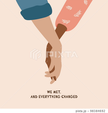 Couple holding hands card for Valentines day with greeting quote. Romantic relationship vector illustration. Couple holding hands card for Valentines day with greeting quote. Romantic relationship vector illustration. 98384692
