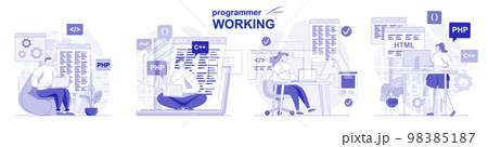 Programmer working isolated set in flat design. People coding, testing, programming software, collection of scenes. Vector illustration for blogging, website, mobile app, promotional materials. 98385187