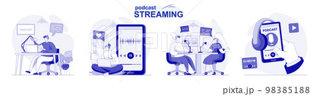 Podcast streaming isolated set in flat design. People make online broadcast or recording at studio, collection of scenes. Vector illustration for blogging, website, mobile app, promotional materials. 98385188