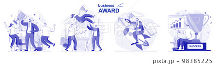 Business award isolated set in flat design. People celebrate victory, get cup, win trophies, success collection of scenes. Vector illustration for blogging, website, mobile app, promotional materials. 98385225