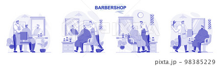 Barbershop isolated set in flat design. People get haircuts or shave beard, hairdresser does styling collection of scenes. Vector illustration for blogging, website, mobile app, promotional materials. 98385229