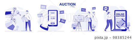 Auction isolated set in flat design. People selling and buying painting art, buyers bidding lots collection of scenes. Vector illustration for blogging, website, mobile app, promotional materials. 98385244
