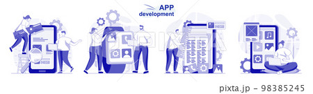 App development isolated set in flat design. People program and develop software for mobile phone collection of scenes. Vector illustration for blogging, website, mobile app, promotional materials. 98385245