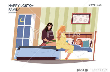 Happy LGBT family concept. Female mothers put little daughter to bed at home. Diverse homosexual couple, lesbian relationship, parenthood and motherhood. Vector illustration of people in flat design 98385302