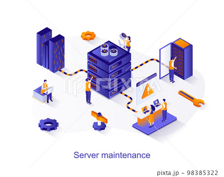 Server maintenance isometric web concept. People working at server rack hardware room, technology department engineers support equipment scene. Vector illustration for website template in 3d design 98385322