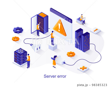 Server error isometric web concept. People working on problem site, hardware and software maintenance, tech support. 404 page error scene. Vector illustration for website template in 3d design 98385323