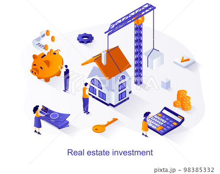 Real estate investment isometric web concept. People building new houses, invest money in construction and sale or buy of apartments scene. Vector illustration for website template in 3d design 98385332