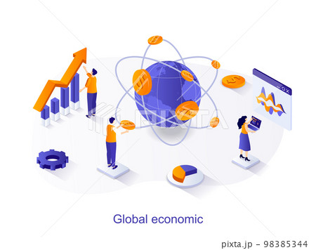 Global economic isometric web concept. People study financial statistics, world markets, dollar currency charts. Marketing and investment scene. Vector illustration for website template in 3d design 98385344
