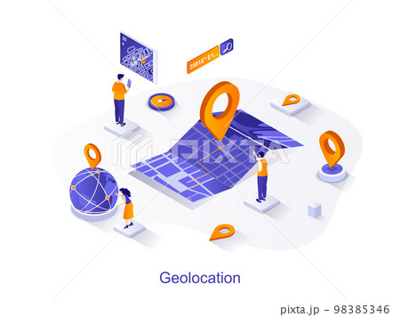 Geolocation isometric web concept. People track route on map with point marker, search by geolocation. GPS navigator with pin location sign scene. Vector illustration for website template in 3d design 98385346
