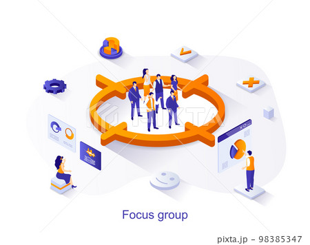 Focus group isometric web concept. People study audience, aim at group, research data and customer behavior. Market research method scene. Vector illustration for website template in 3d design 98385347