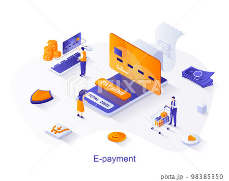 E-payment isometric web concept. People pay for invoice with credit card at online mobile banking app for mobile phone. Electronic payment scene. Vector illustration for website template in 3d design 98385350
