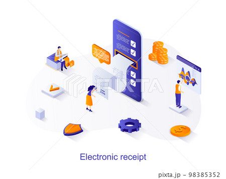 Electronic receipt isometric web concept. People receive and pay for digital bills using mobile application. Online banking transactions scene. Vector illustration for website template in 3d design 98385352