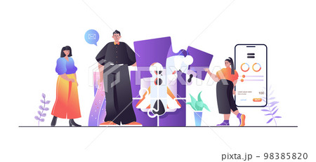 Teamwork concept for web banner. Man and woman working together, business development, colleague collaboration, modern people scene. Vector illustration in flat cartoon design with person characters Teamwork concept for web banner. Man and woman working together, business development, colleague collaboration, modern people scene. Vector illustration in flat cartoon design with person characters 98385820