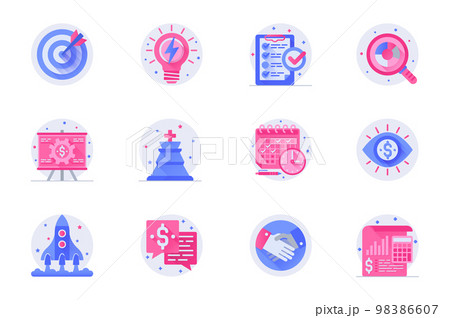 Business planning concept web flat color icons with shadow set. Pack pictograms of target, brainstorming, task, search, profit and other. Vector illustration of symbols for website mobile app design Business planning concept web flat color icons with shadow set. Pack pictograms of target, brainstorming, task, search, profit and other. Vector illustration of symbols for website mobile app design 98386607