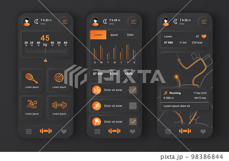 Fitness workout concept neumorphic templates set. Sports activity tracker, weight check, map with route for run. UI, UX, GUI screens for responsive mobile app. Vector design kit in neumorphism style 98386844