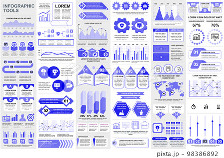 Bundle infographic elements data visualization vector design template. Mega set. Can be used for steps, business processes, workflow, diagram, flowchart concept, timeline, icons, info graphics. 98386892