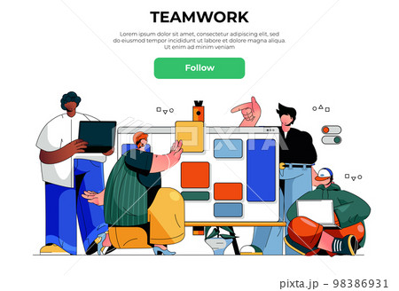 Teamwork web banner concept. Men and women colleagues collaborate on project, create website template, success brainstorm, landing page template. Vector illustration with people scene in flat design Teamwork web banner concept. Men and women colleagues collaborate on project, create website template, success brainstorm, landing page template. Vector illustration with people scene in flat design 98386931