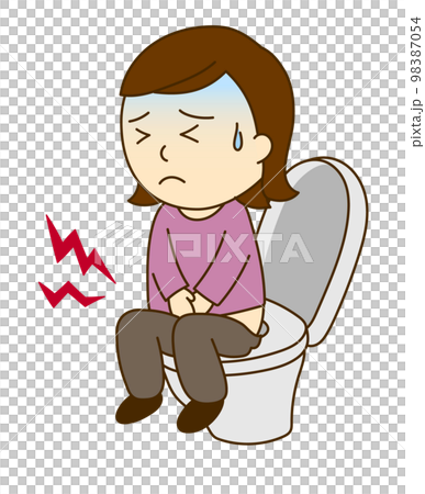 A woman who seems to have a stomachache in the toilet A woman who seems to have a stomachache in the toilet 98387054