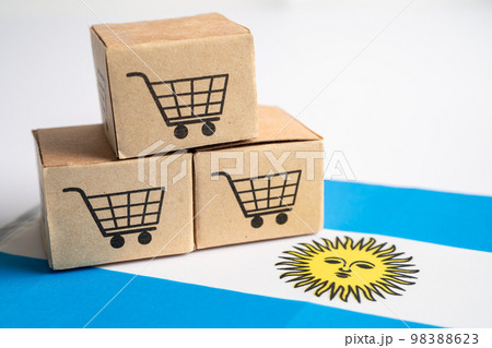 Box with shopping cart logo and Argentina flag, Import Export Shopping online or eCommerce finance delivery service store product shipping, trade, supplier concept. 98388623