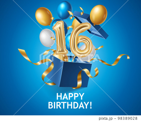Happy Birthday 16 banner with gift box, air balloons, gold ribbons Happy Birthday 16 banner with gift box, air balloons, gold ribbons 98389028