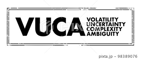 VUCA Volatility, Uncertainty, Complexity, Ambiguity - conflates four distinct types of challenges that demand four distinct types of responses, acronym text concept stamp VUCA Volatility, Uncertainty, Complexity, Ambiguity - conflates four distinct types of challenges that demand four distinct types of responses, acronym text concept stamp 98389076