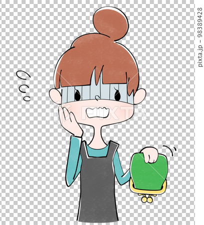 Illustration of a housewife with an empty green purse 98389428