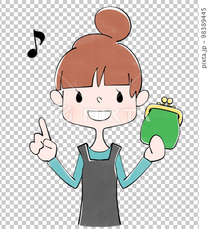 Green clasp wallet Illustration of a housewife saving money Green clasp wallet Illustration of a housewife saving money 98389445