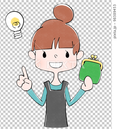 Illustration of a housewife holding a green purse 98389453