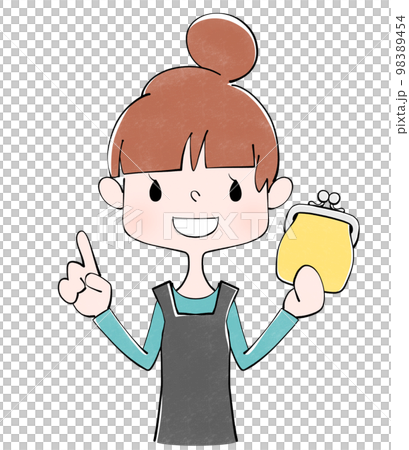 Illustration of a housewife holding a yellow purse 98389454