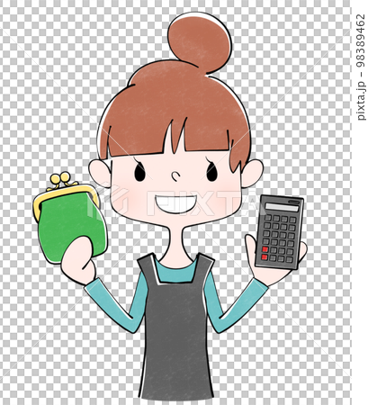 緑色のがま口財布と電卓を持った主婦のイラスト 緑色のがま口財布と電卓を持った主婦のイラスト 98389462