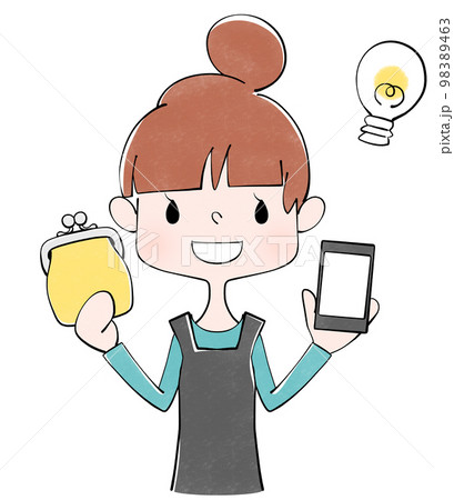 黄色のがま口財布とスマホを持った主婦のイラスト 黄色のがま口財布とスマホを持った主婦のイラスト 98389463