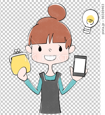 黄色のがま口財布とスマホを持った主婦のイラスト 黄色のがま口財布とスマホを持った主婦のイラスト 98389463