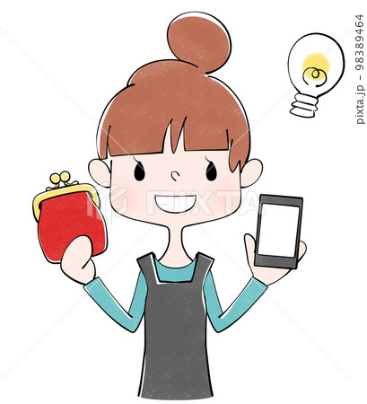 赤色のがま口財布とスマホを持った主婦のイラスト 赤色のがま口財布とスマホを持った主婦のイラスト 98389464