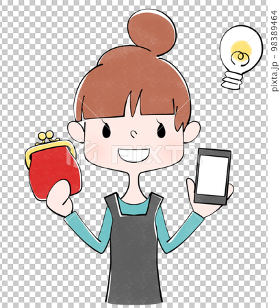 赤色のがま口財布とスマホを持った主婦のイラスト 赤色のがま口財布とスマホを持った主婦のイラスト 98389464