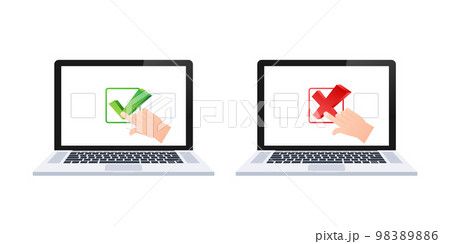 Cross and check marks on laptop screen. Wrong and right. Vector stock illustration. 98389886