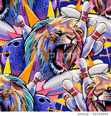 Growling lion among the pins knocked down by a bowling ball 98389894