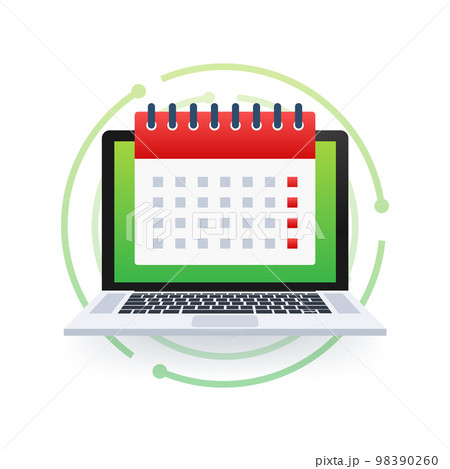 Calendar on laptop computer screen. Event planning. Schedule concept. Vector stock illustration. 98390260
