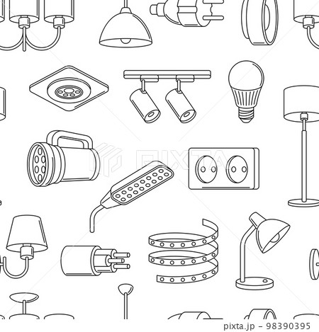 Seamless pattern with electric lightings and lamps. Electrical equipment. Industrial or business design. Seamless pattern with electric lightings and lamps. Electrical equipment. Industrial or business design. 98390395