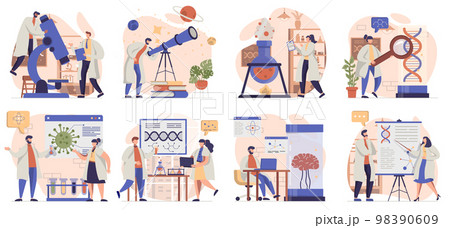 Science research collection of scenes isolated. People conduct tests, study molecules, create drugs, set in flat design. Vector illustration for blogging, website, mobile app, promotional materials. 98390609