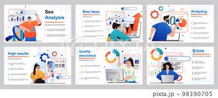 Seo analysis concept for presentation slide template. People analyze website, optimize interface and improve content, promote it to top search, develop strategy. Vector illustration for layout design 98390705
