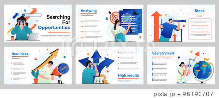 Searching for opportunities concept for presentation slide template. People looking telescope, choosing direction, new success business, employee career growth. Vector illustration for layout design 98390707
