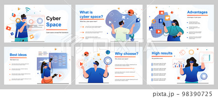 Cyberspace concept for presentation slide template. People uses virtual reality glasses, gaming, working and learning at interactive space with VR simulation. Vector illustration for layout design Cyberspace concept for presentation slide template. People uses virtual reality glasses, gaming, working and learning at interactive space with VR simulation. Vector illustration for layout design 98390725