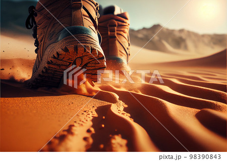 Trekking shoes in desert sand. Military sport trekking footwear. Trekking shoes in desert sand. Military sport trekking footwear. 98390843