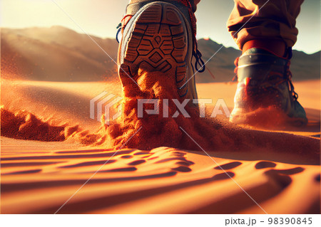 Trekking shoes in desert sand. Military sport trekking footwear. 98390845