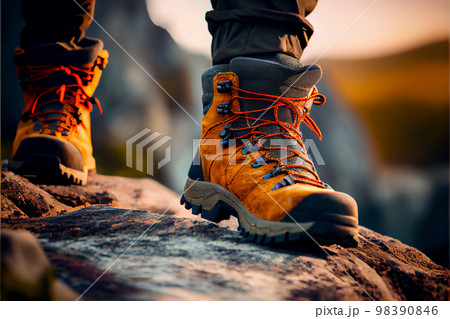 Hiking boots outdoors in fall autumn background. 98390846