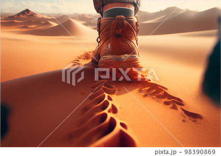 Trekking shoes in desert sand. Military sport trekking footwear. 98390869