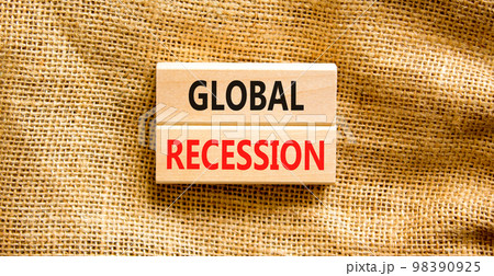 Global recession symbol. Concept words Global recession on wooden blocks. Beautiful canvas table canvas background. Business and global recession concept. Copy space. 98390925